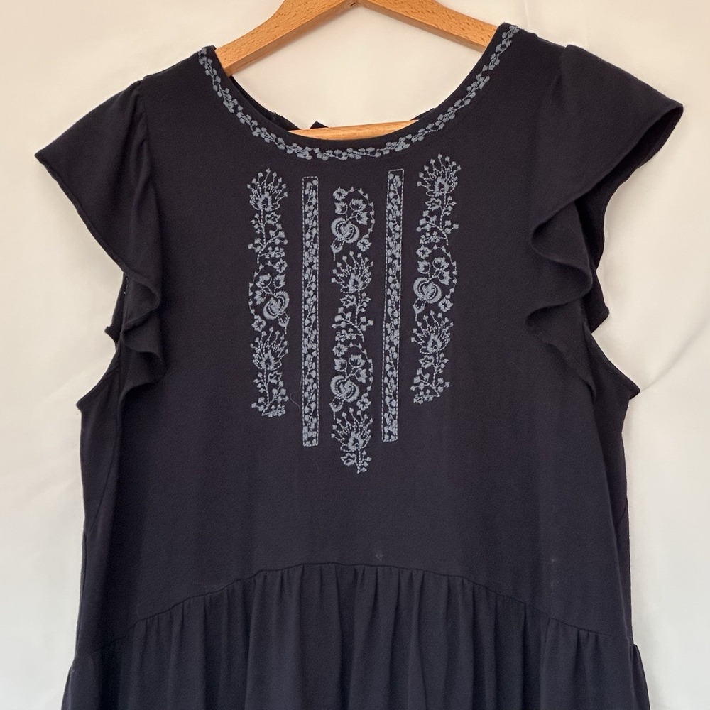 Loft Cap Sleeve Embroidered Mini Dress Size XS Knit Stretch Tie Back Navy‎ Blue - Picture 7 of 7